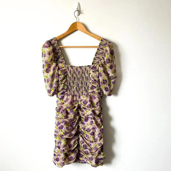Zara Floral Ruched Puff Sleeve Draped Smocked Mini Dress Lilac Purple Medium - Picture 7 of 8